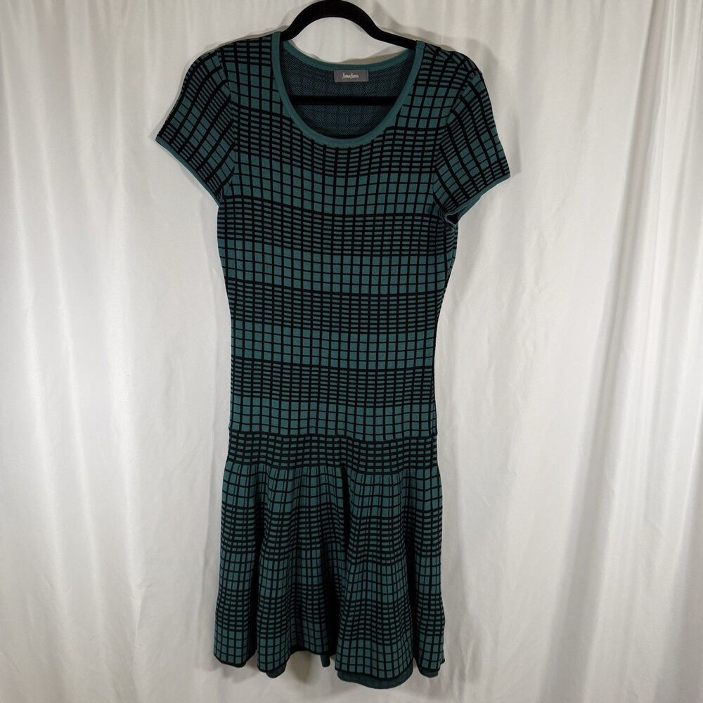 Neiman Marcus Midi Dress Women's Medium Green Black Plaid Short Sleeve Round Nck